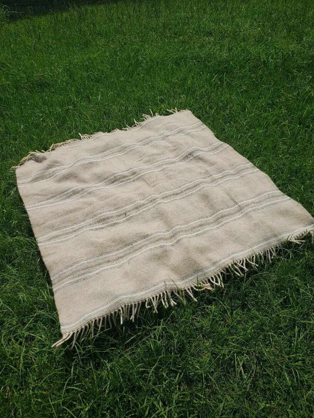 Vintage Handwoven Striped Wool Throw Blanket - Neutral Cream Beige
